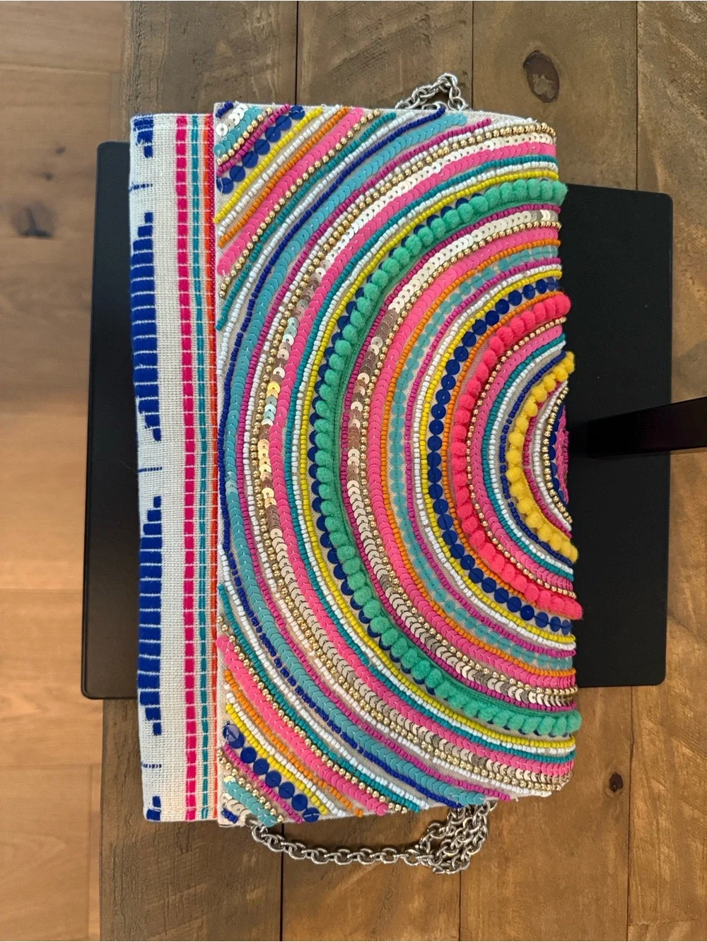 Multicolor Beaded Crescent-Pattern Clutch with Chain Strap